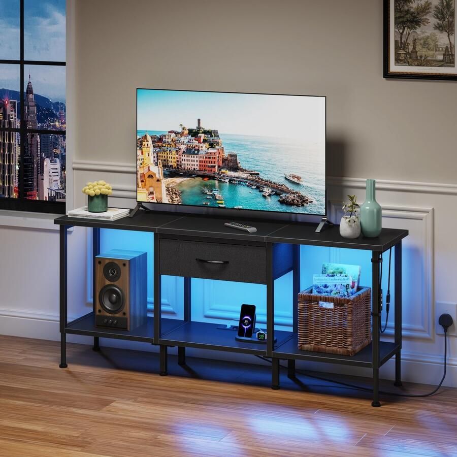 Ibenzoa Moderne zwarte tv-kast met led-verlichting en geïntegreerde USB-poorten