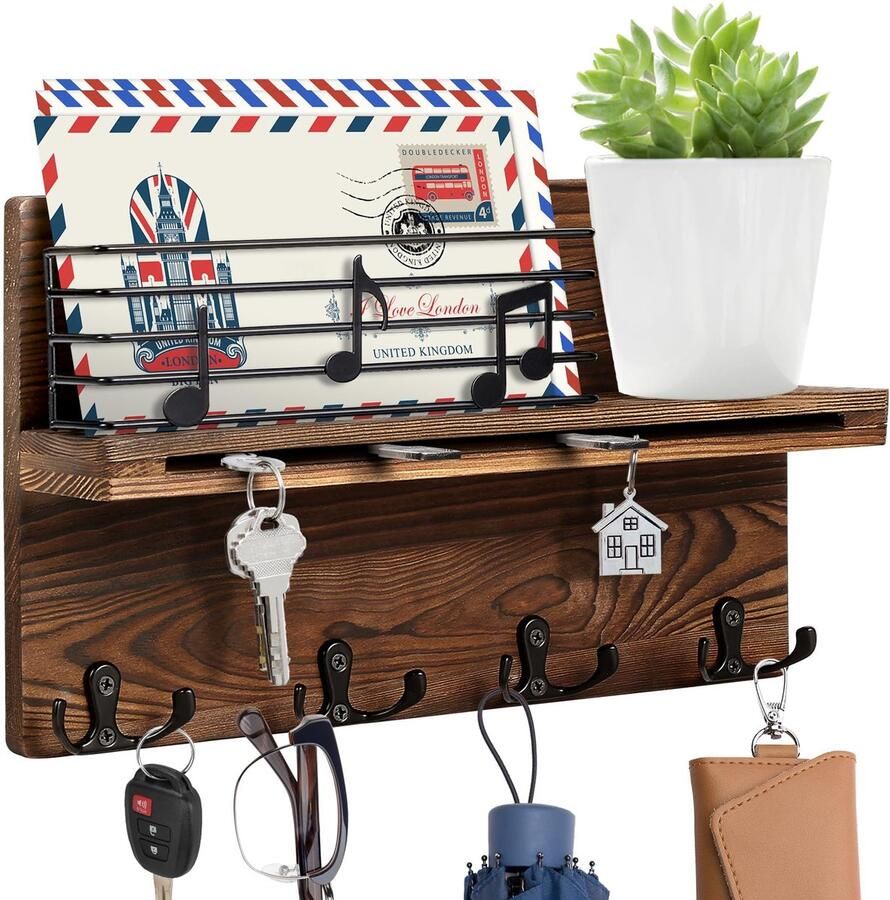 Ibenzoa Multifunctioneel Wandrek met Sleutelhouder en Opbergruimte voor Briefpost en Accessoires
