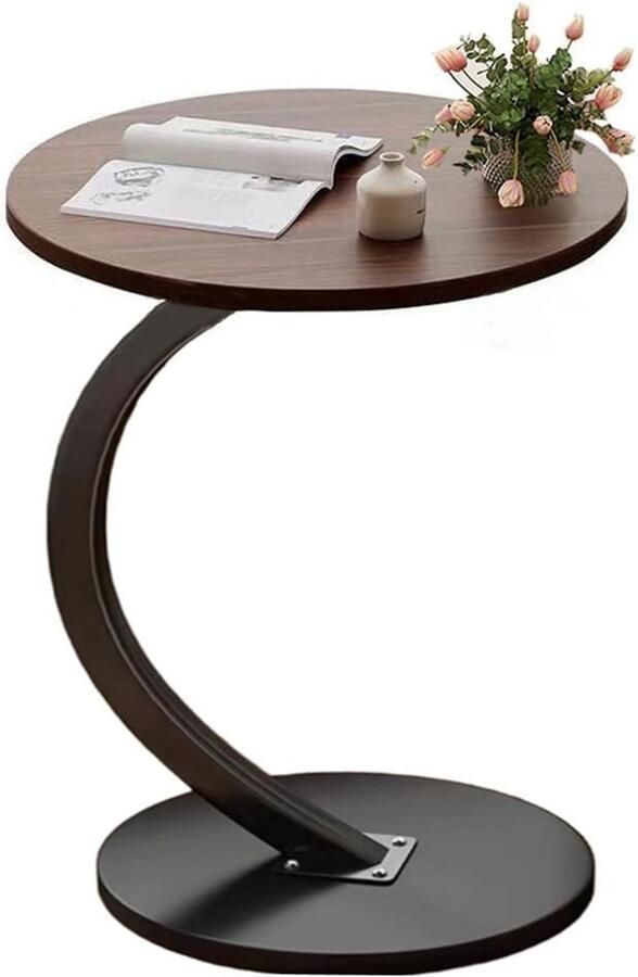 Ibenzoa Multifunctionele C-vormige Houten Bijzettafel voor Woonkamer en Bank met Rond Tafelblad