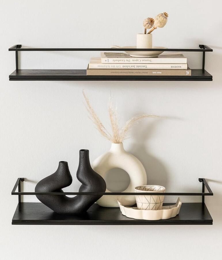 Zwevende Wandplanken Set Eiken en Zwart 3 Stuks Metaal en Houtfineer