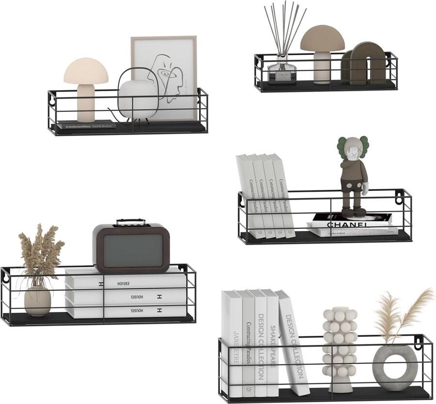 Ibenzoa Multifunctionele Zelfmontage Wandplanken Set 5 Stuks met Hout en Metaal