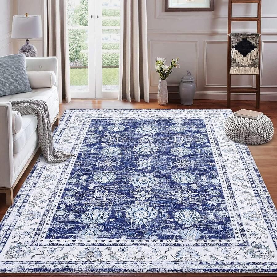 Ibenzoa Oosterse Stijl Marineblauw Tapijt voor Woonkamer Slaapkamer en Kantoor Wasbaar en Antislip