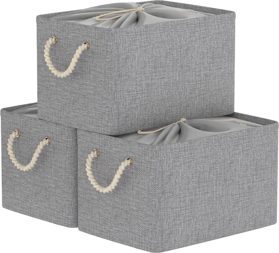 Ibenzoa Opvouwbare Opbergdozen Set van 3 met Kordelafsluiting en Handgrepen voor Kast en Plank