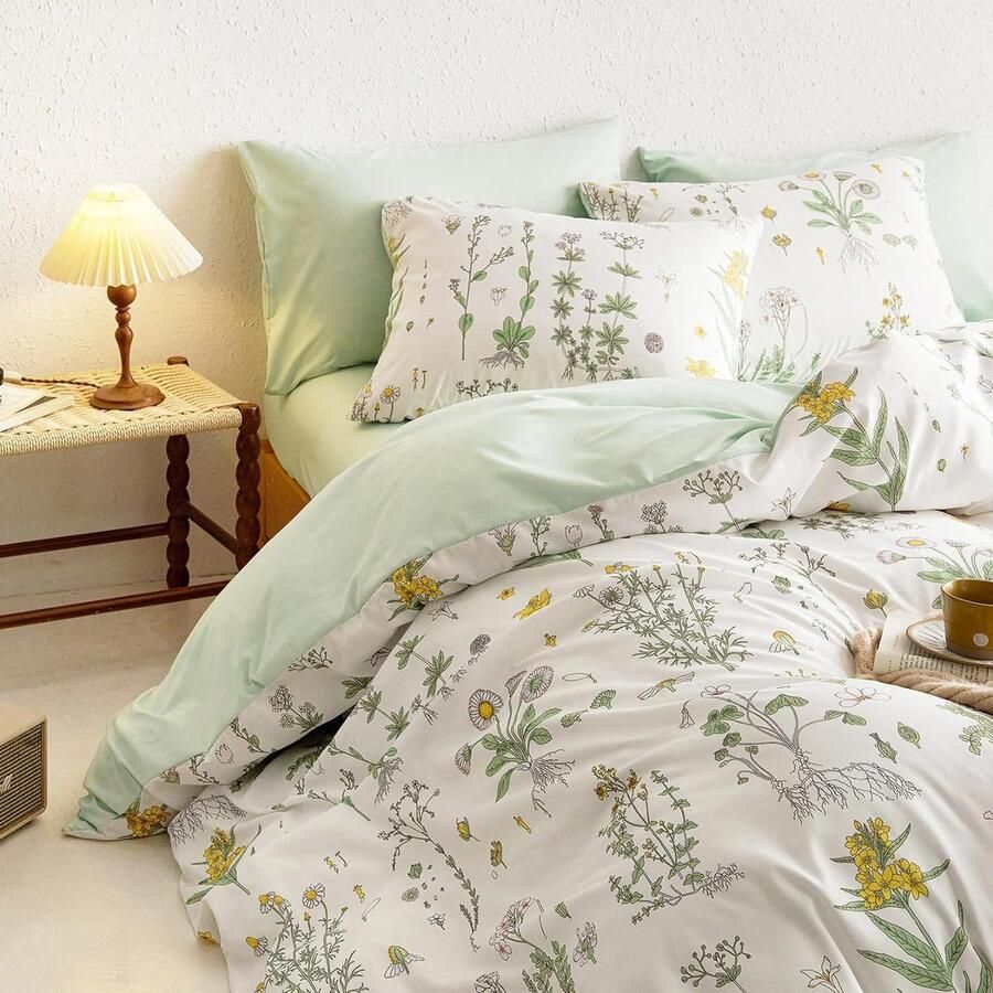 Ibenzoa Reversible Bed Linen Set – Green White Floral Leaves 135x200cm with Pillowcase