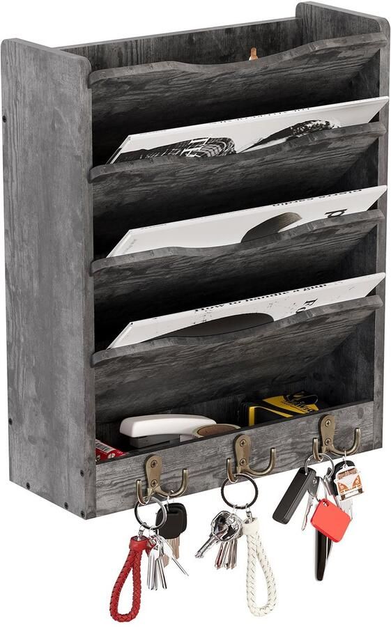Ibenzoa Robuuste Houten Wandorganizer met 6 Haken Perfect voor Documenten en Tijdschriften