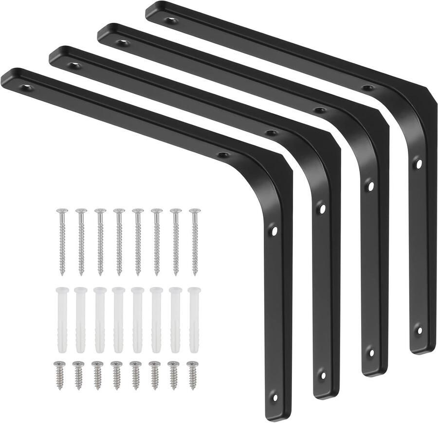 Ibenzoa Robuuste Wandsteun Set van Vier Zwarte Hoekplanken Tot 70 kg Draagkracht