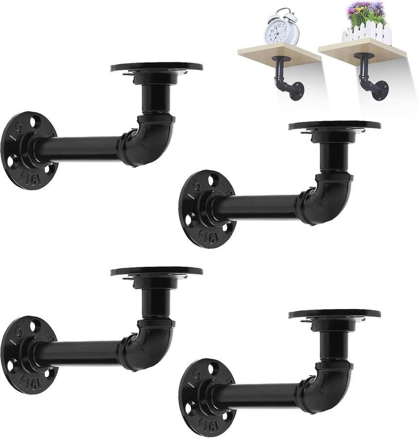 Ibenzoa Robuuste Zwarte Metalen Wandplank Beugels Set – 4 Stuks met Complete Montagekit
