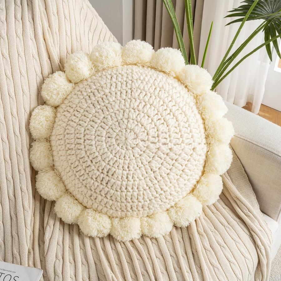 Ibenzoa Rond Boho Sierkussen 45cm Gehaakt Bodemkussen Met Pompon Kwasten Voor Bank En Bed