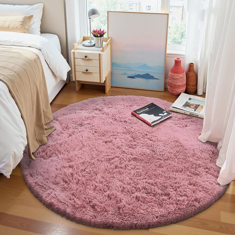 Ibenzoa Rond roze vloerkleed met zachte pool en antislip voor woon- en slaapkamers