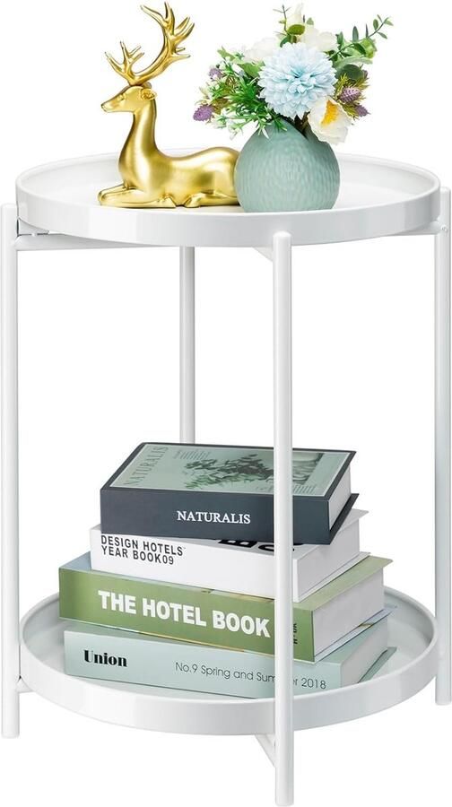 Ibenzoa Ronde Bijzettafel Wit met Twee Verwijderbare Bladen en Extra Opbergruimte voor Binnen en Buiten