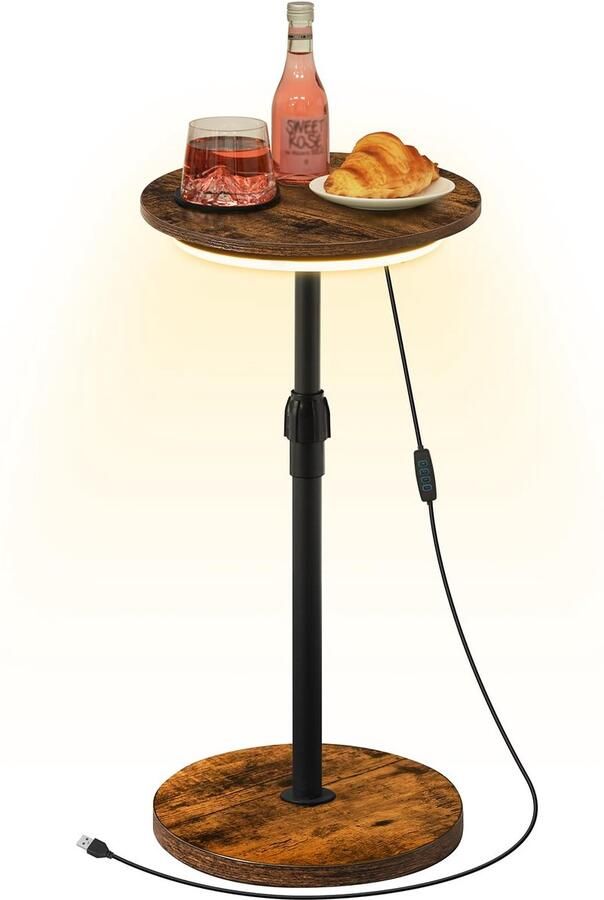 Ibenzoa Ronde in hoogte verstelbare bijzettafel met LED-verlichting en antislip onderzetters voor kleine ruimtes