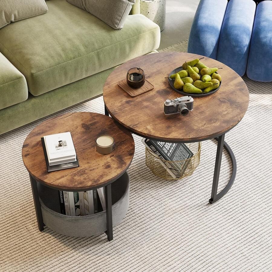 Ibenzoa Ronde industriële salontafel set van 2 met metaal en houten design voor veelzijdig gebruik