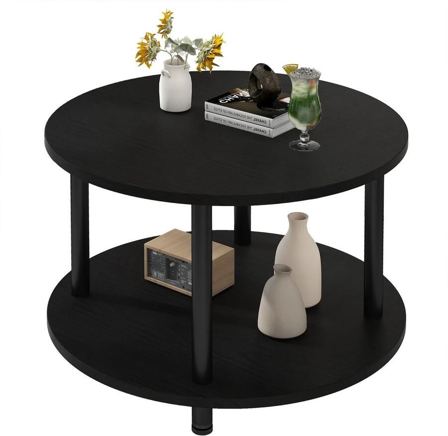 Ibenzoa Ronde Salontafel met Twee Niveaus en Stabiel Metalen Frame voor Woonkamer en Slaapkamer 60 x 60 x 48 5 cm Zwart