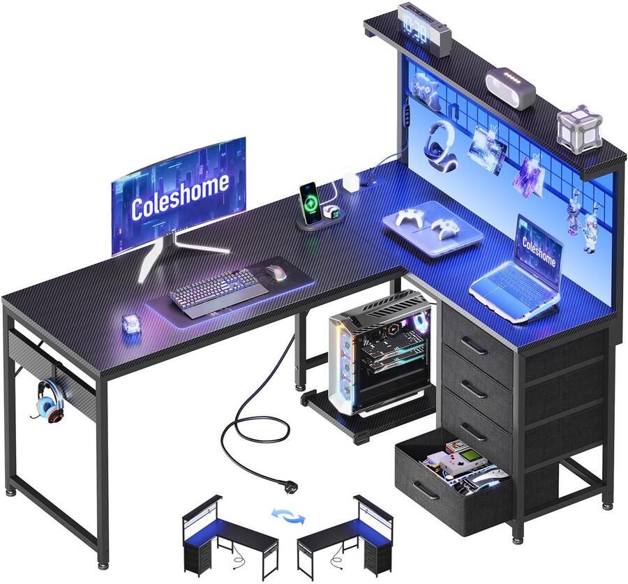 Ibenzoa Ruim en omkeerbaar gamingbureau met LED-verlichting en opbergruimte