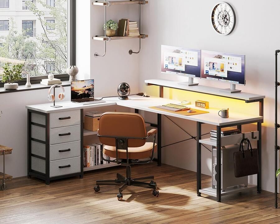 Ibenzoa Ruim L-vormig Bureau met Laden en Verlichting voor Moderne Werkplekken