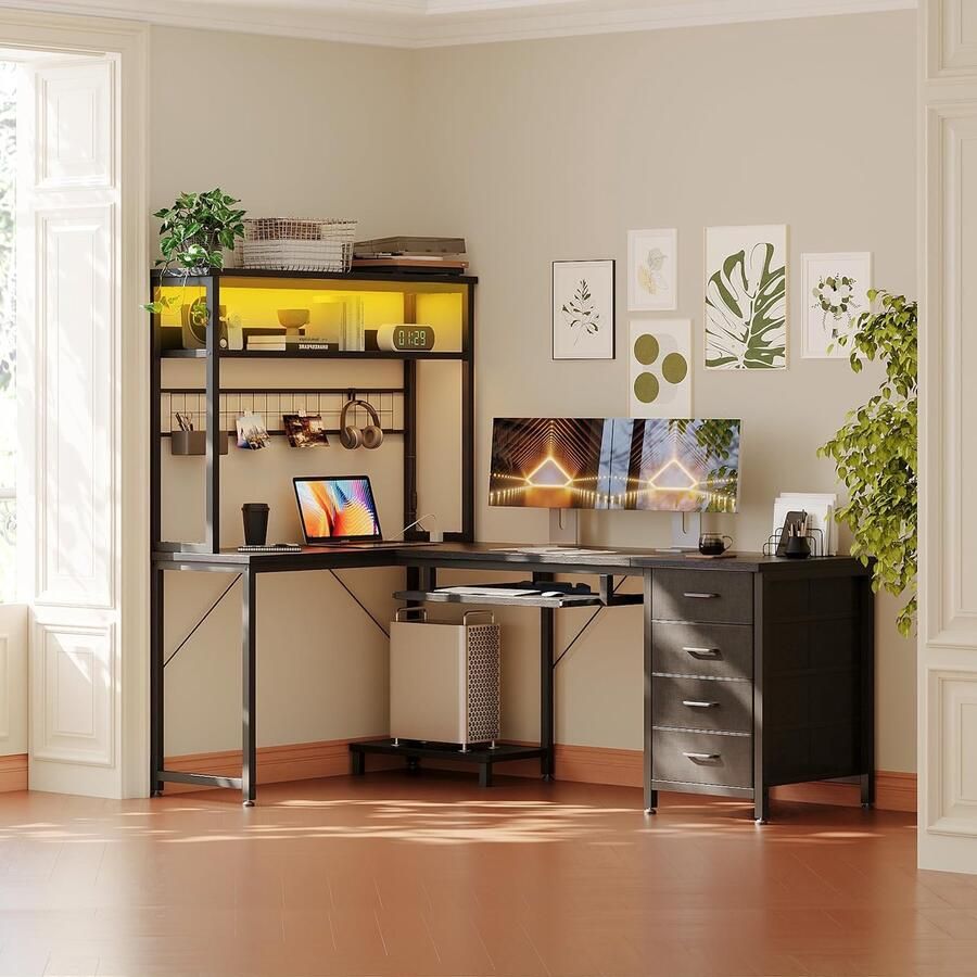 Ibenzoa Ruim L-vormig gamingbureau met LED-verlichting en opbergruimte voor gamers