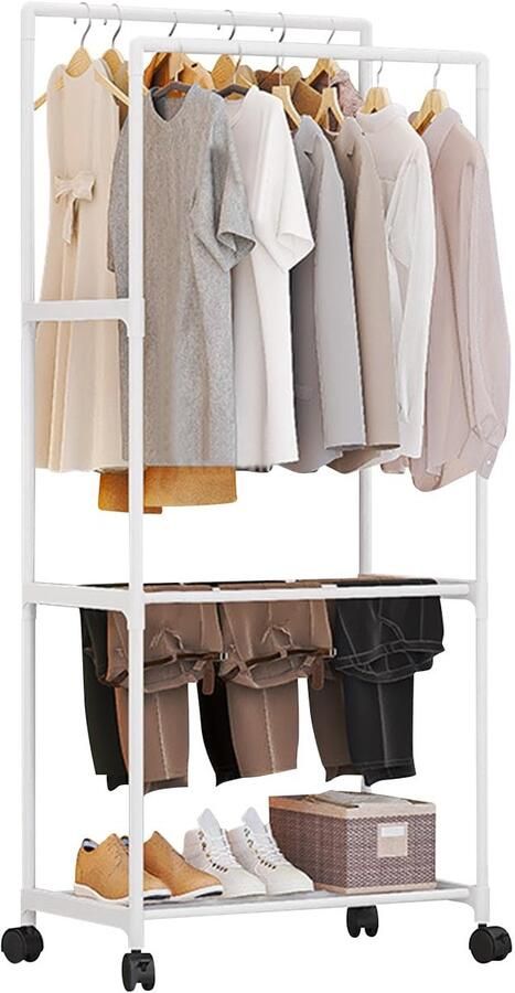 Ibenzoa Ruime kledingstandaard met dubbele stangen en schoenenrek op wielen
