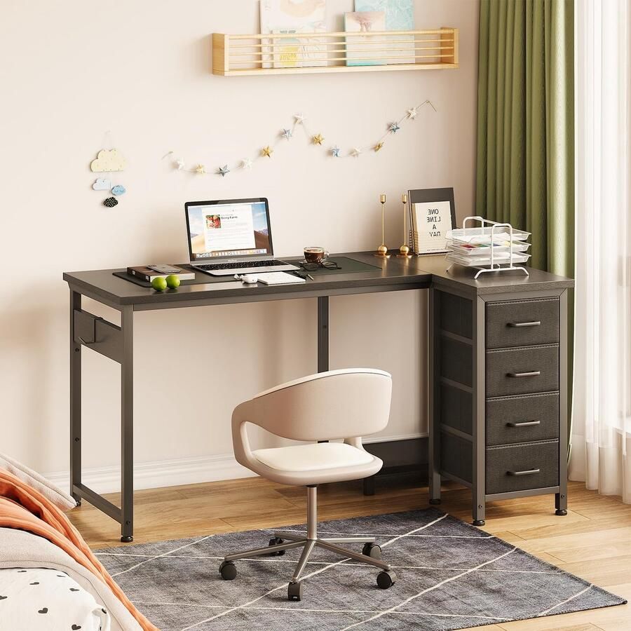 Ibenzoa Ruimtebesparend L-vormig hoekbureau met laden voor thuis en kantoor