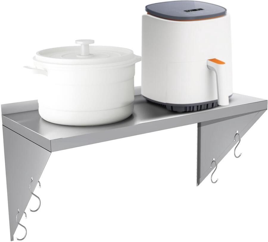 Ibenzoa Ruimtebesparend roestvrijstalen wandrek met haken voor keuken en restaurant