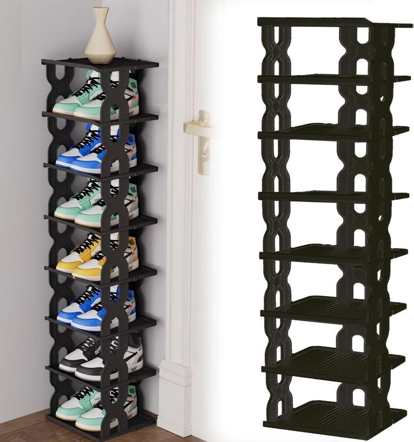 Ibenzoa Ruimtebesparend Schoenenrek met 8 Lagen voor Hal Hoek en Kast in Zwart