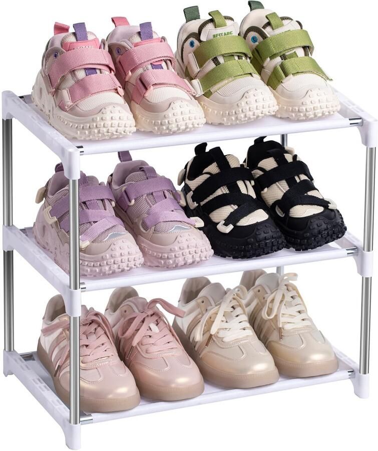 Ibenzoa Ruimtebesparend Schoenenrek met Drie Niveaus voor Smalle Ruimtes Wit en Stapelbaar Metaal