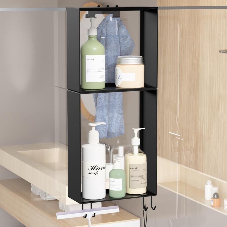 Ibenzoa Ruimtebesparende hangende doucheplank met haken en roestvrijstalen mand voor badkamerdeuren