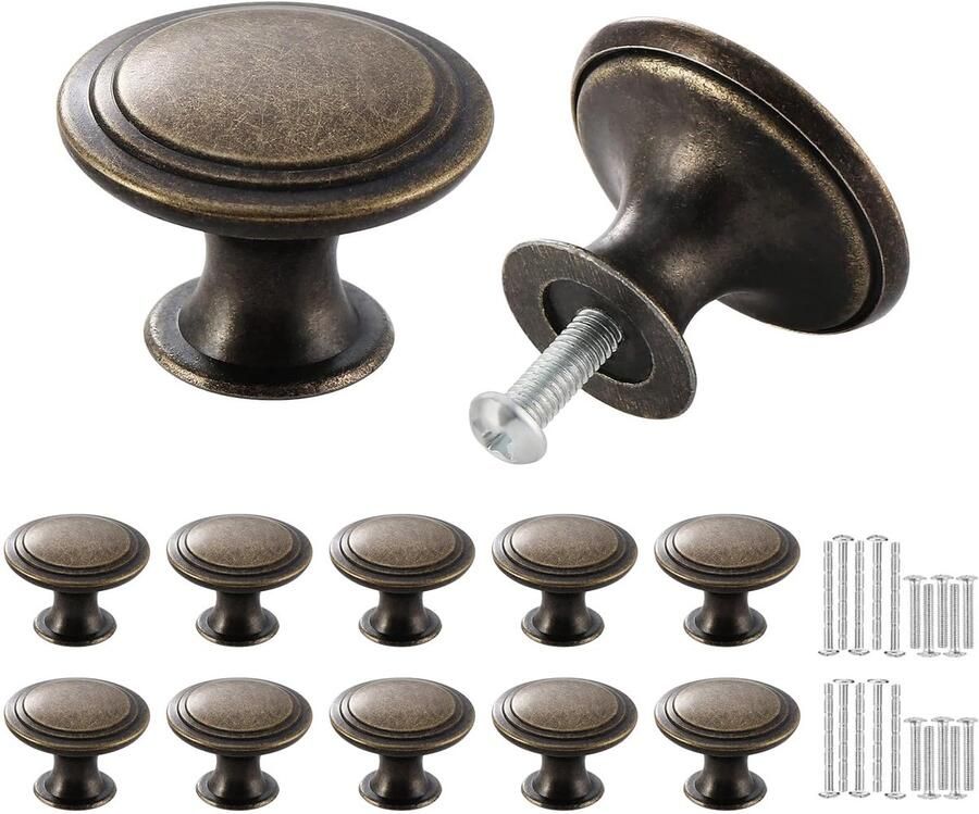 Ibenzoa Set van 10 Vintage Ronde Deurknoppen in Brons voor Meubels en Kasten