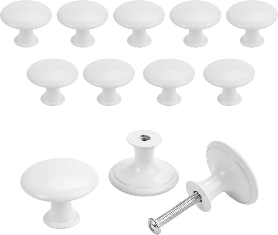 Ibenzoa Set van 12 ronde witte kastknoppen met schroeven voor meubels en kasten