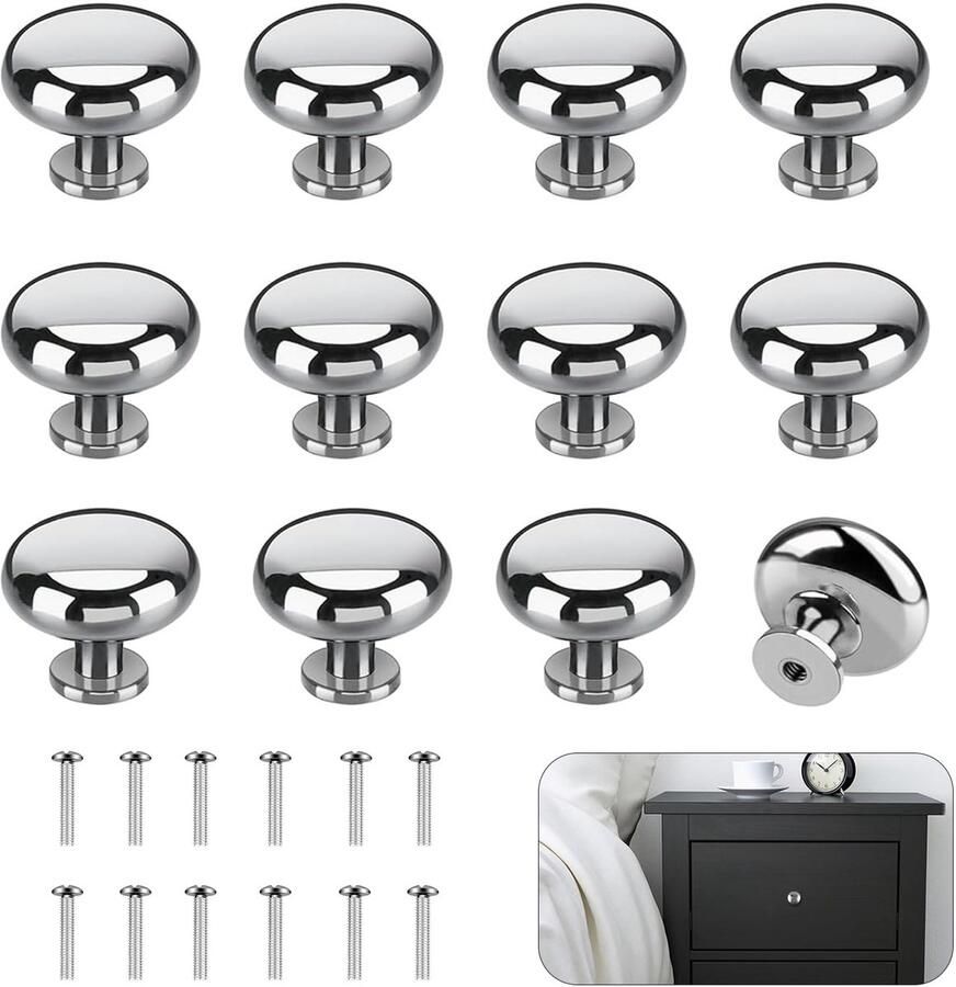 Ibenzoa Set van 12 Zilverkleurige Meubelknoppen met Ronde Kastgrepen en Schroeven