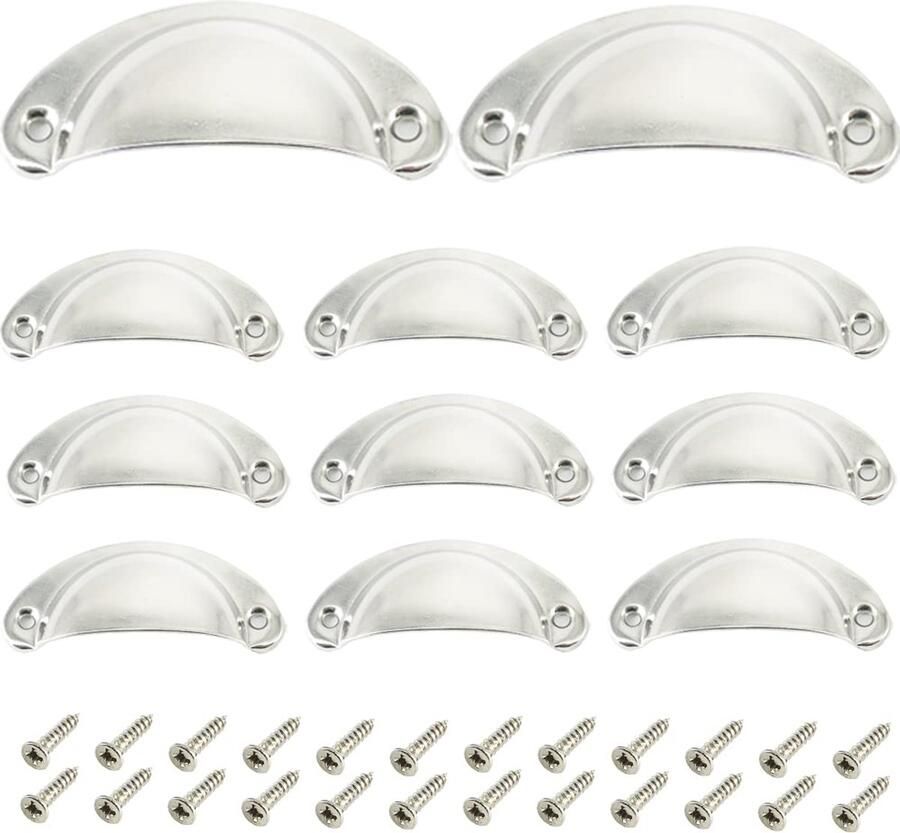 Ibenzoa Set van 12 zilverkleurige schelpgrepen voor keukenkasten en meubels met schroeven
