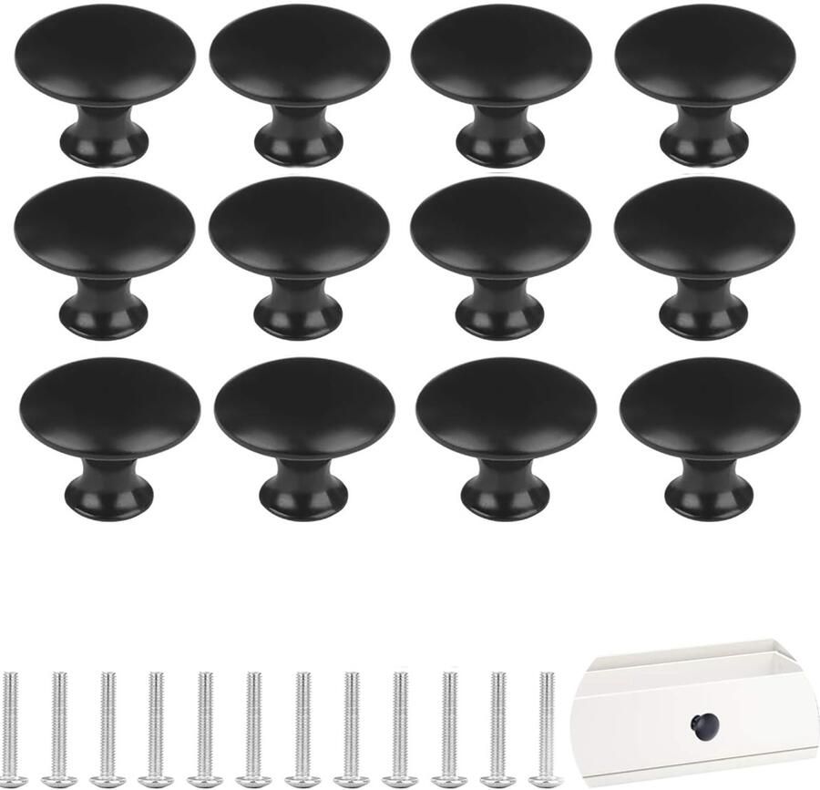 Ibenzoa Set van 12 Zwarte Ronde Kastknoppen van Roestvrij Staal met Schroeven voor Meubels