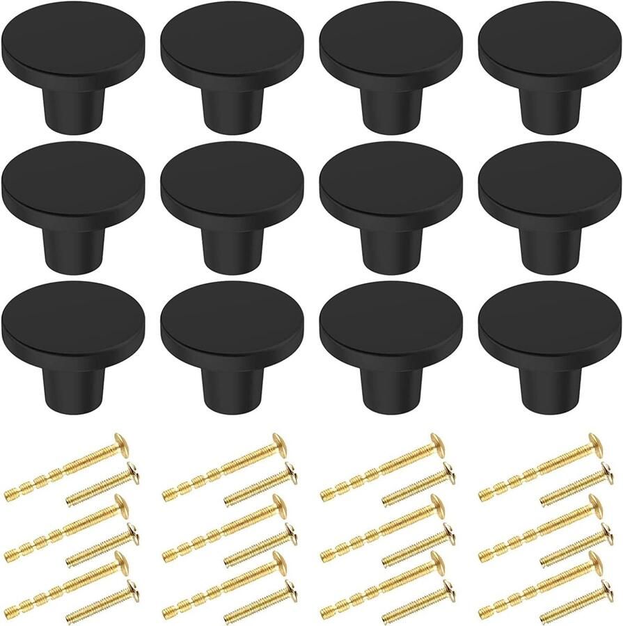 Ibenzoa Set van 12 Zwarte Ronde Knoppen voor Keukenkasten en Laden met Messing Afwerking
