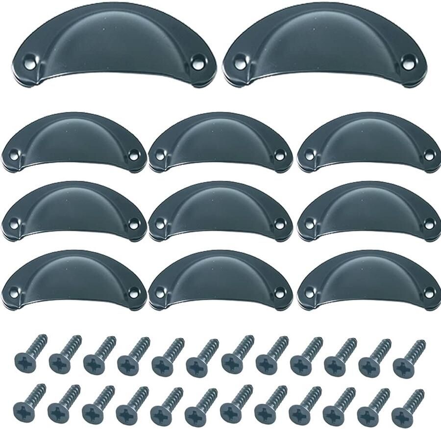 Ibenzoa Set van 12 zwarte schelpgrepen met schroeven voor keukenkasten en meubels