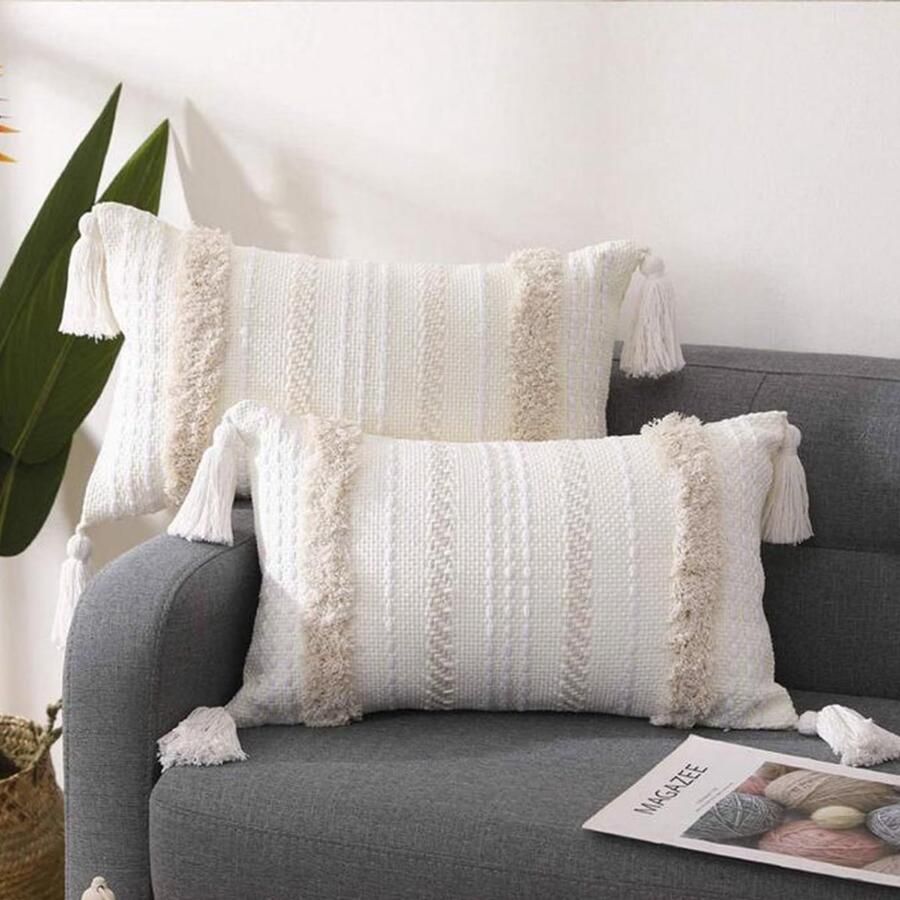 Ibenzoa Set van 2 Boho Stijl Kussenhoezen in Beige met Decoratieve Kwastjes voor Bank of Bed
