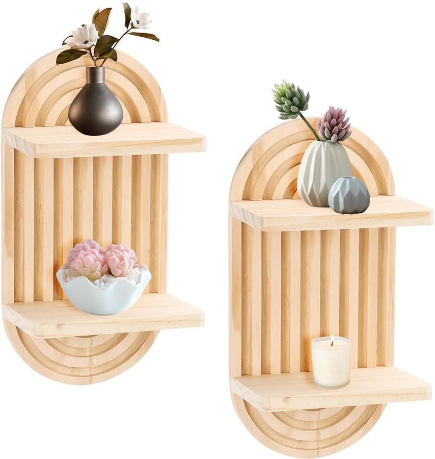 Ibenzoa Set van 2 Boho Wandplanken van Hout voor Stijlvolle Decoratie in Huis en Kamer