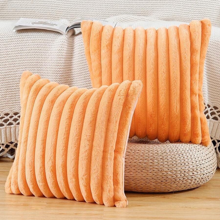 Ibenzoa Set van 2 luxe decoratieve kussenhoezen zacht en gestreept voor bank en slaapkamer 45x45 cm oranje