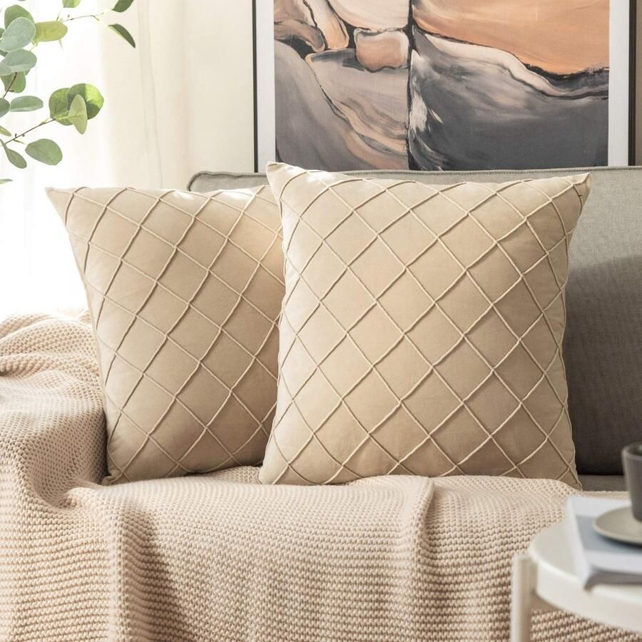 Ibenzoa Set van 2 Luxe Fluwelen Kussenhoezen met Elegant Rasterpatroon voor Woonkamer en Bank 50 x 50 cm Champagne