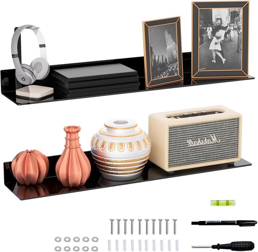 TheLau Stijlvolle Set van 2 Zwarte Acryl Wandplanken voor Opbergruimte