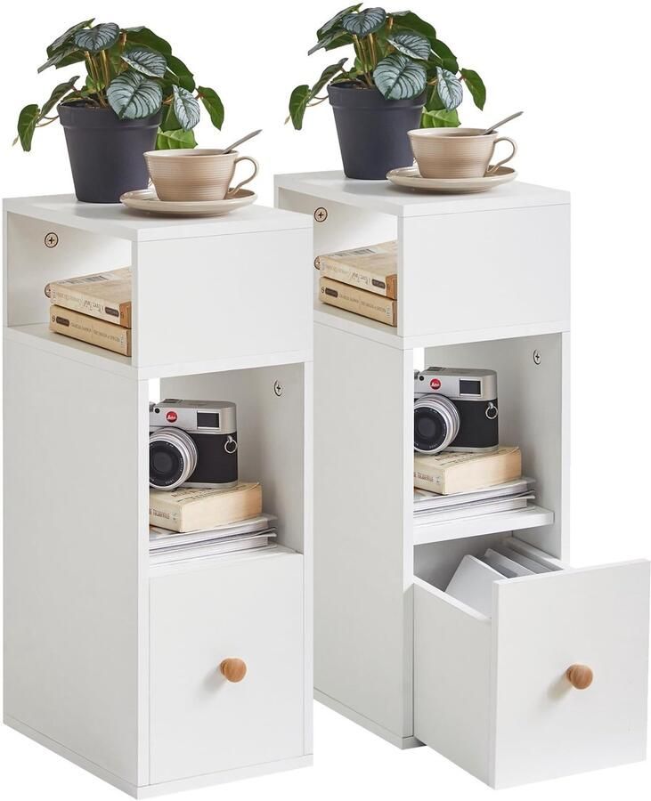 Ibenzoa Set van 2 ruimtebesparende witte nachtkastjes met lade en open vakken