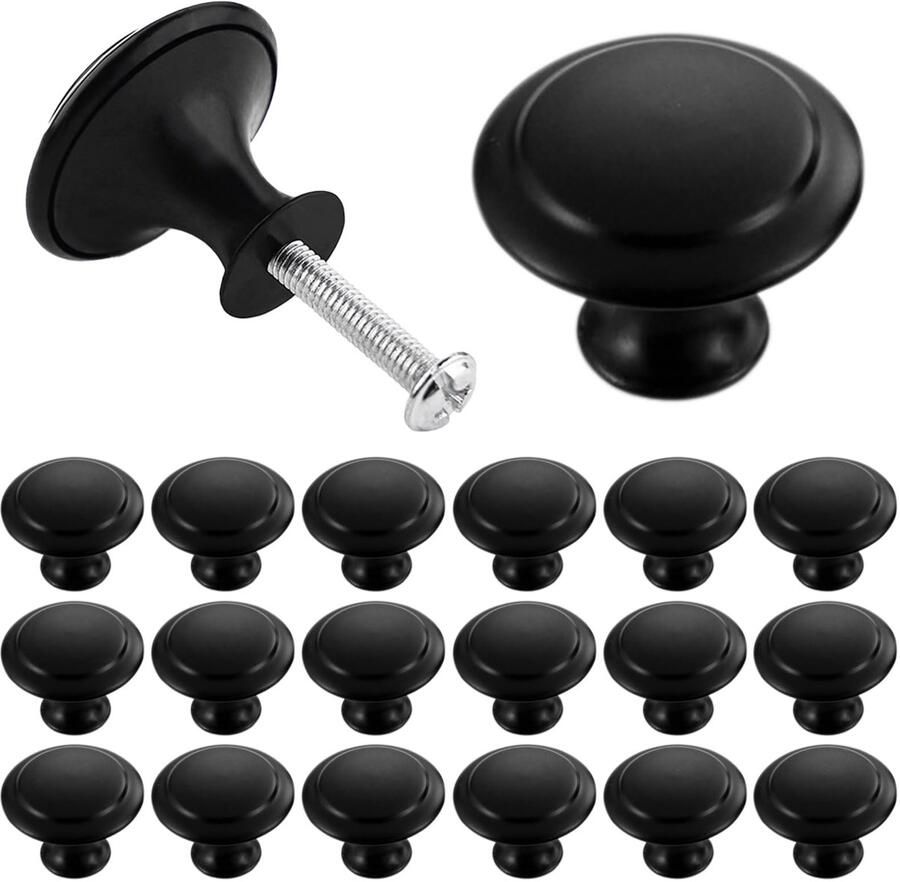 Ibenzoa Set van 20 Stuks Mat Zwarte Ronde Schuifknoppen van Roestvrij Staal met Schroeven
