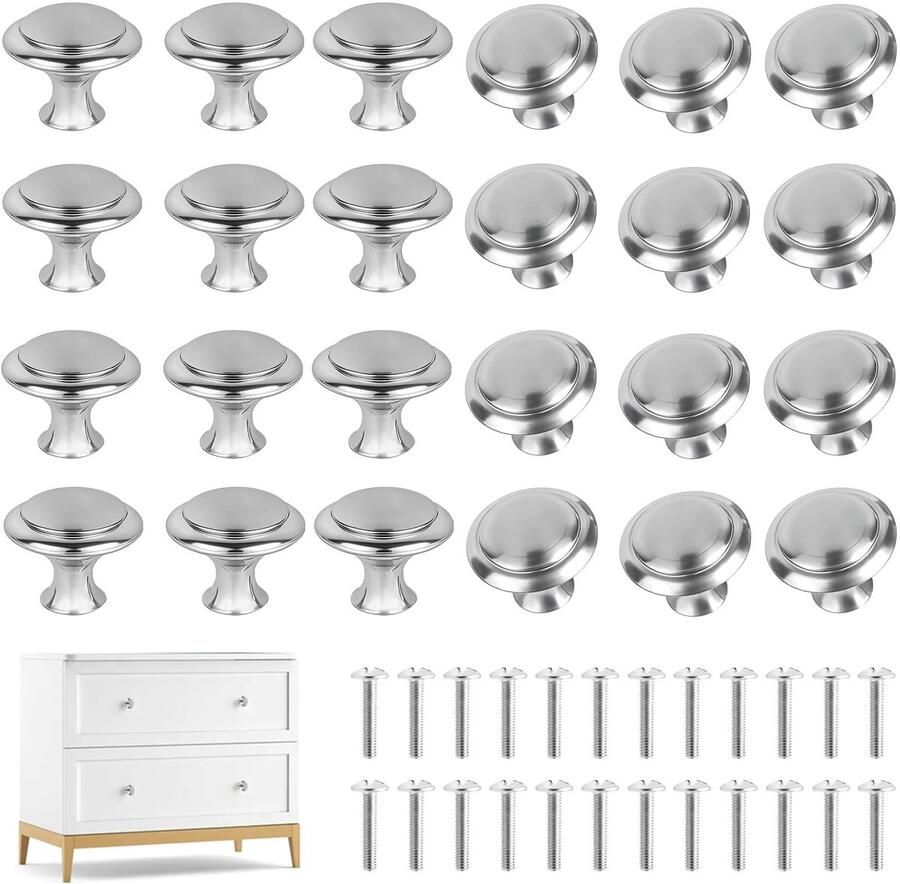 Ibenzoa Set van 24 Zilverkleurige Ronde Meubelknoppen met Schroeven voor Kasten en Laden