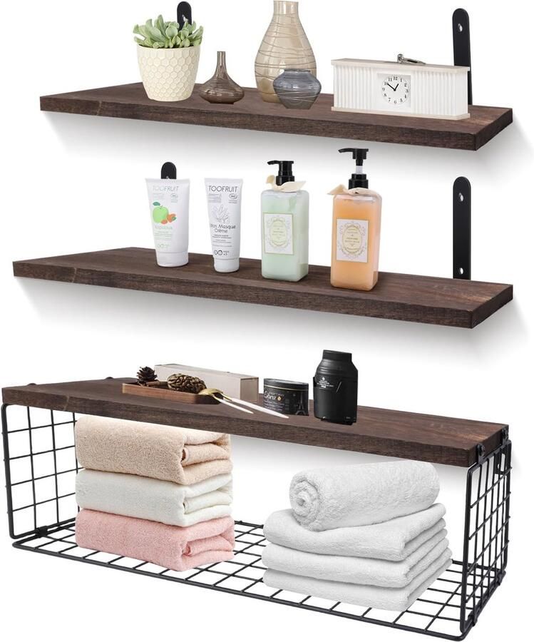 Ibenzoa Set van 3 Houten Drijvende Wandplanken met Opbergmand voor Badkamer Keuken en Woonkamer