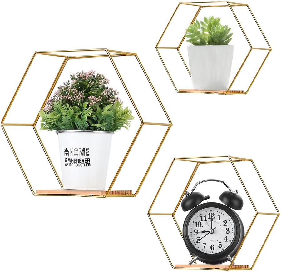 Ibenzoa Set van 3 Moderne Zeshoekige Gouden Wandrekken van Metaal Zonder Boren voor Woonkamer