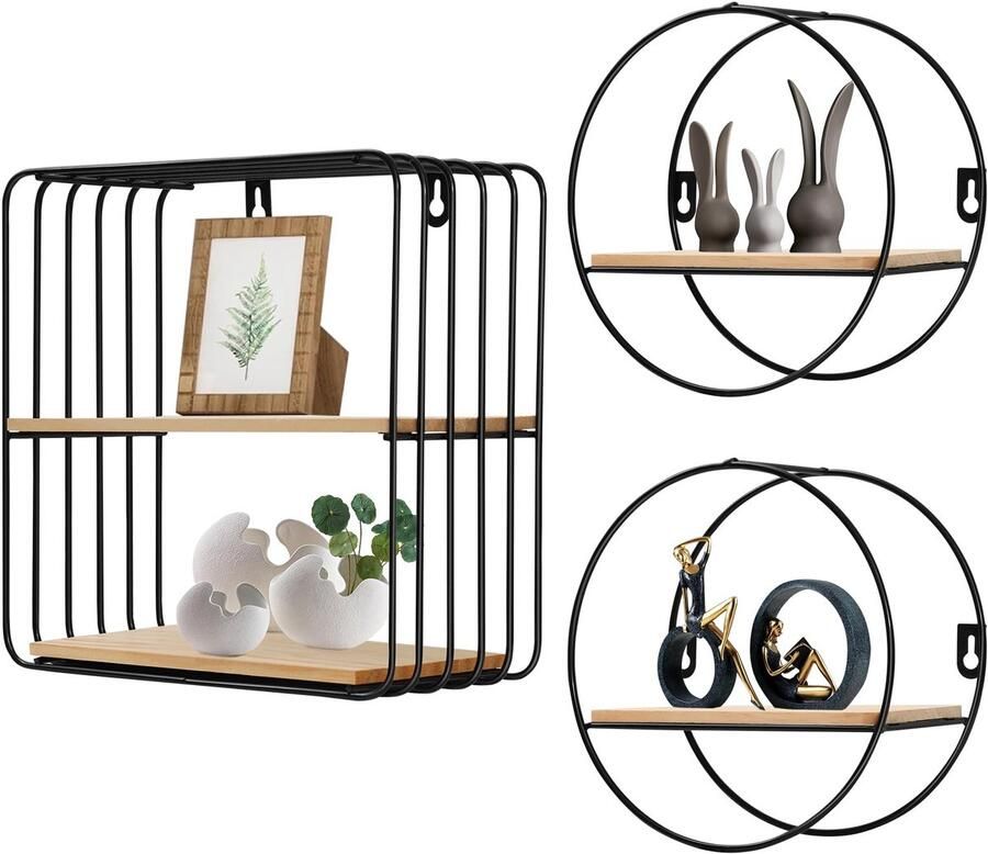 Ibenzoa Set van 3 Moderne Zwarte Metalen Wandrekken voor Stijlvolle Decoratie en Opslag in Huis