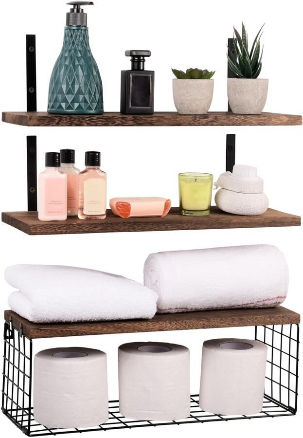 Ibenzoa Set van 3 Rustieke Houten Wandplanken met Draagbare Mand 42 cm voor Interieurs