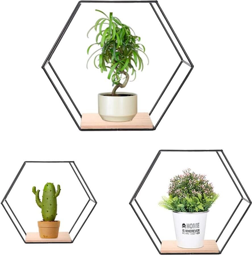 Ibenzoa Set van 3 zeshoekige wandplanken zwarte zwevende planken metalen en houten hangrekken voor slaapkamer badkamer woonkamer keuken bijkeuken opslag en wanddecoratie (zwart)