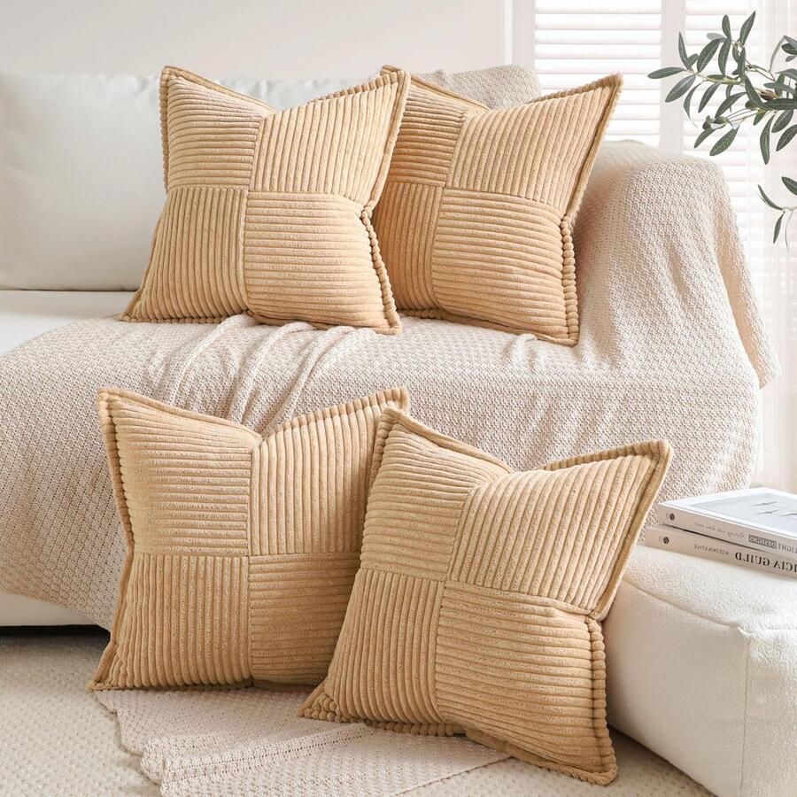Ibenzoa Set van 4 decoratieve corduroy kussenslopen voor bank en slaapkamer in lichtbruin 45 x 45 cm