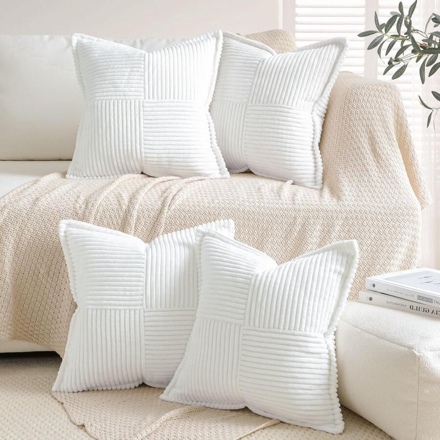 Ibenzoa Set van 4 Decoratieve Corduroy Kussenslopen voor Sierkussens Bank en Woonkamer 45x45 cm Wit