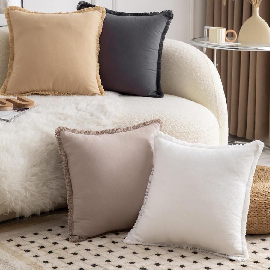 Ibenzoa Set van 4 decoratieve katoenen kussenhoezen met boho-franjes voor bank en slaapkamer 40 x 40 cm