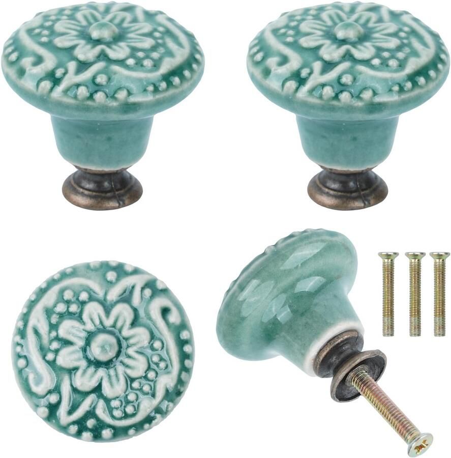 Ibenzoa Set van 4 decoratieve keramische meubelknoppen Kastknoppen met bloemenpatroon voor kasten en laden